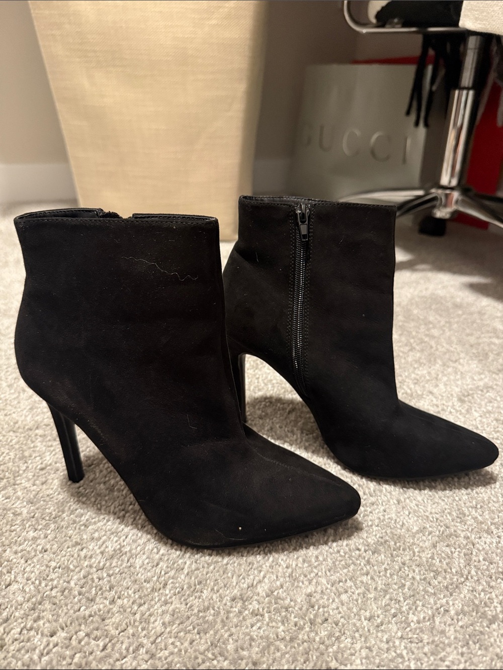 Black Suede Pointed-Toe Ankle Booties